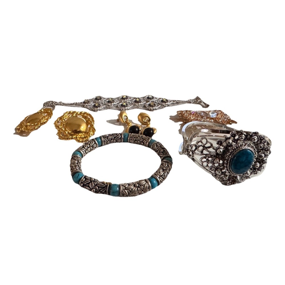 Vintage Costume Jewelry Lot Gold Tone Earrings Brooch  Turquoise Cuff